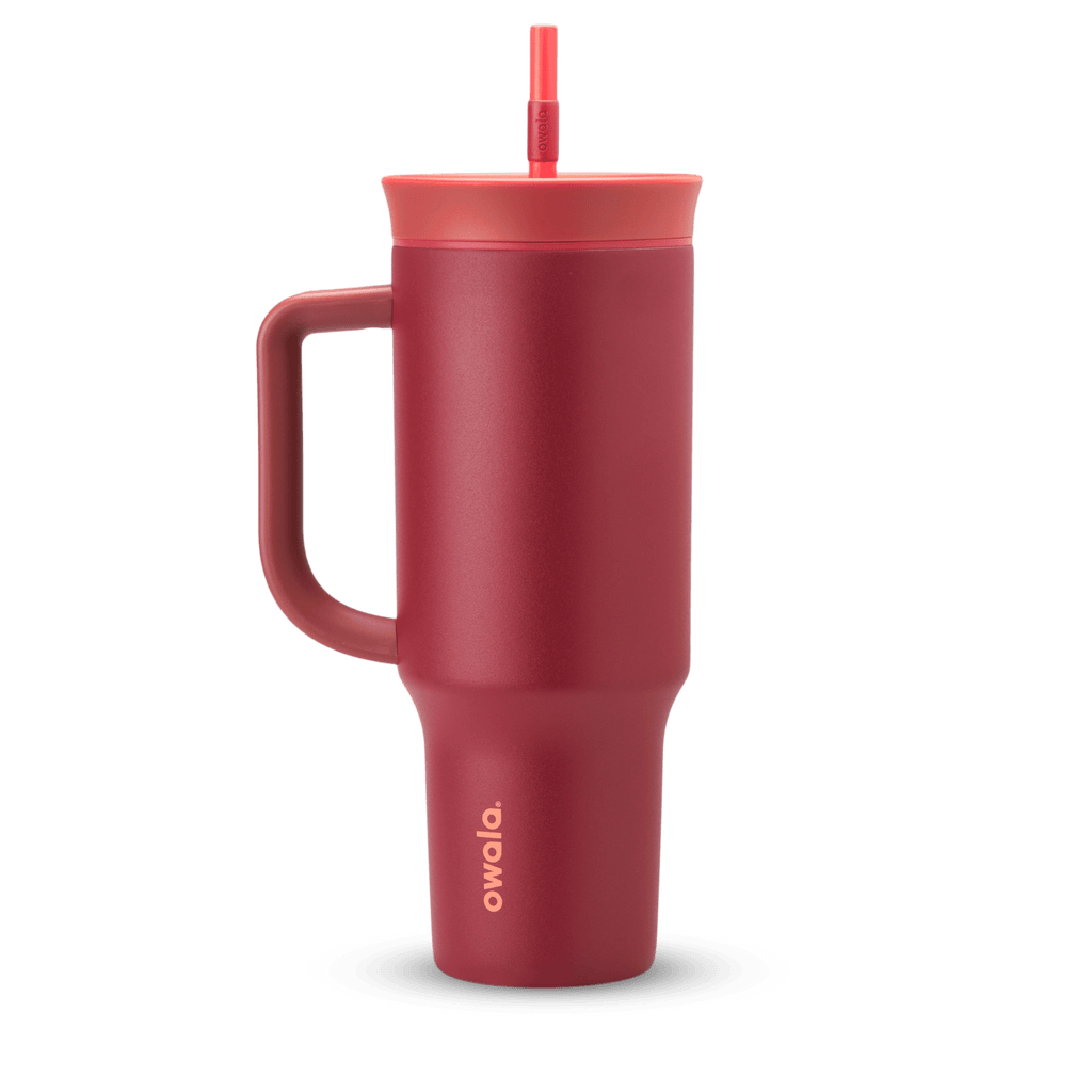 40oz Tumbler in Holly Berry, deep cranberry red insulated tumbler with matching red handle, coral-toned lid, and straw
