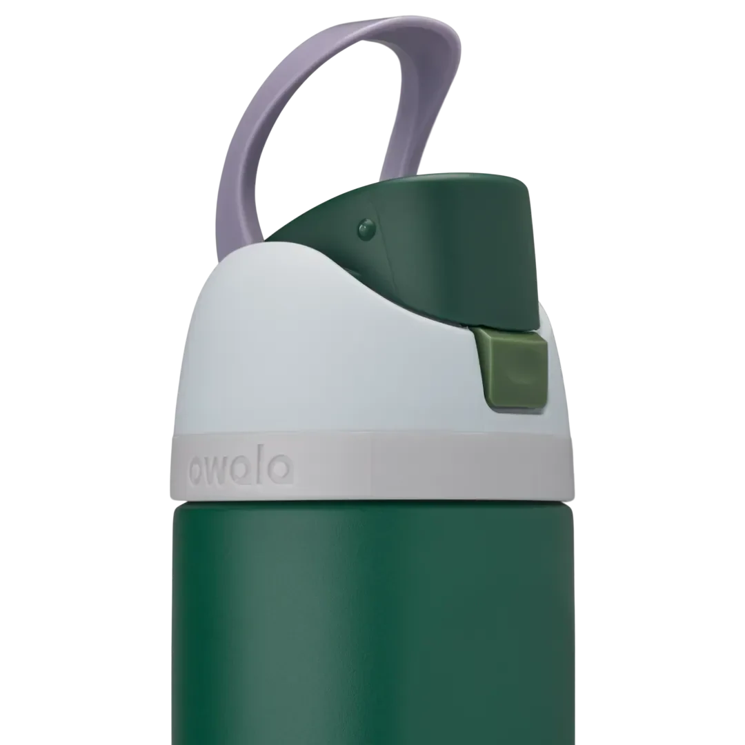 Owala Kids FreeSip 16oz in Great Smoky Mountains, dark forest green insulated stainless steel bottle with white lid, lavender carry loop, dark green flip cap, and olive green push-button