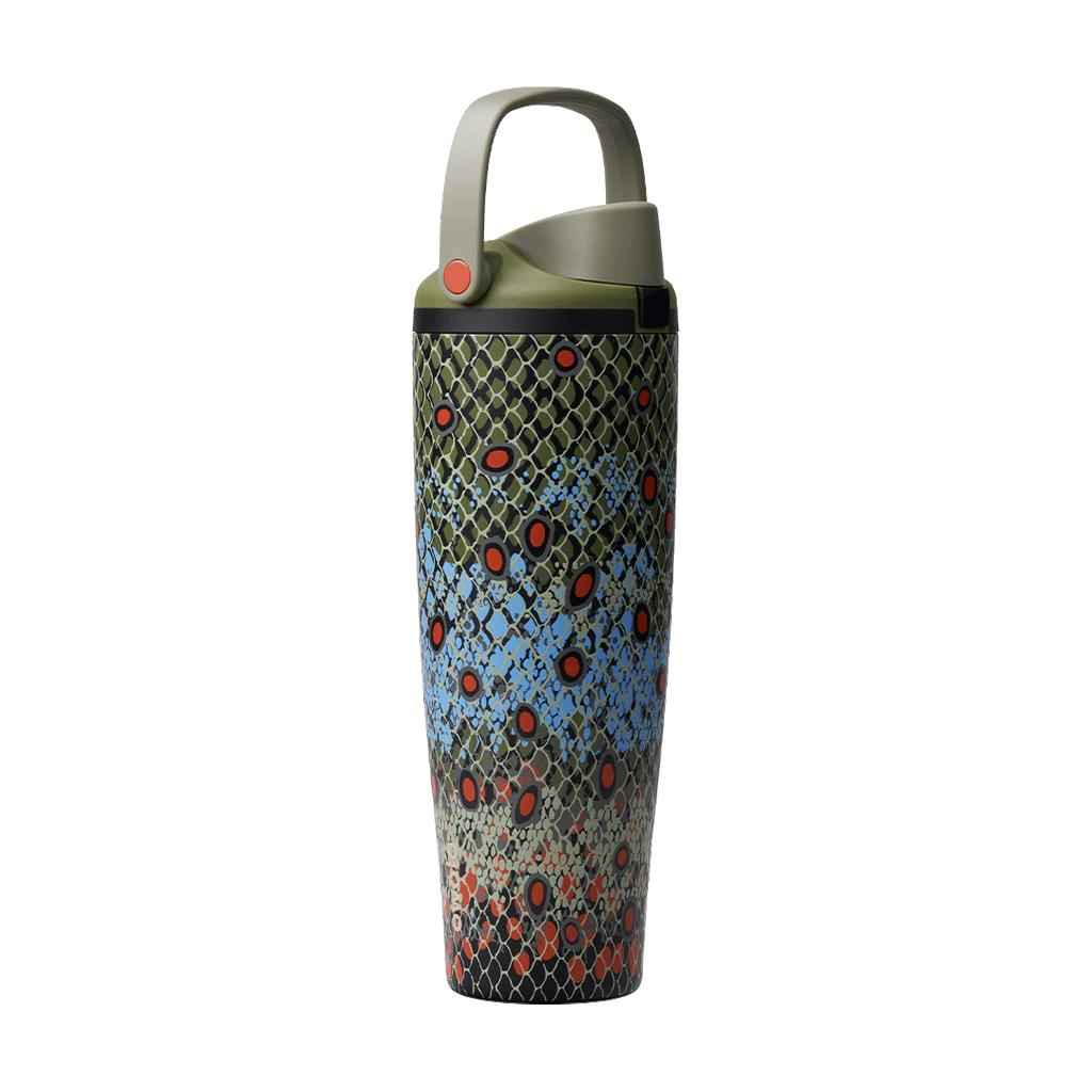 Owala FreeSip Sway 40oz in Off the Hook, lid detail showing olive flip cap, olive carry loop, and orange push-button over fish-scale patterned body
